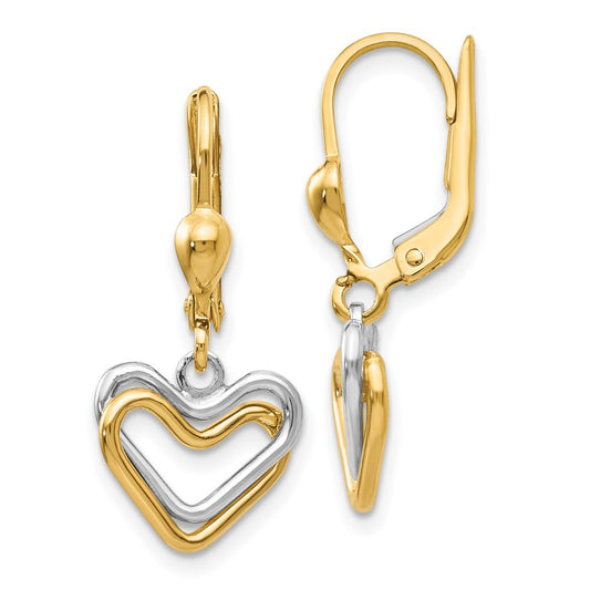 14K Two-Tone Gold Heart Leverback Dangle Earrings