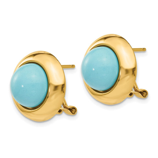 14K Yellow Gold Omega Clip Reconstituted Turquoise Earrings