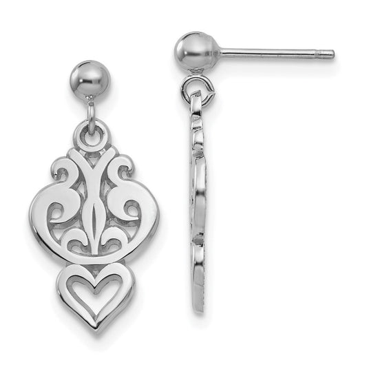 14K White Gold Filigree Heart Dangle Earrings