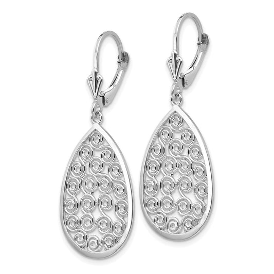 14K White Gold Teardrop Filigree Dangle Leverback Earrings