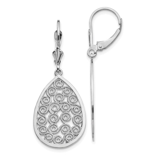 14K White Gold Teardrop Filigree Dangle Leverback Earrings