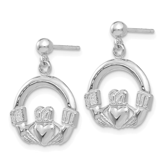 14K White Gold Solid Polished Flat-Backed Claddagh Dangle Earrings
