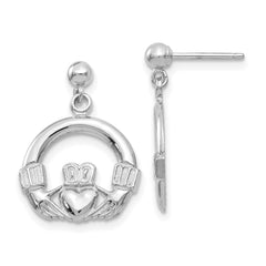 14K White Gold Solid Polished Flat-Backed Claddagh Dangle Earrings