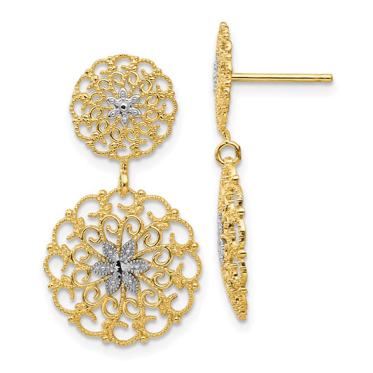 14K Two-Tone Gold Diamond-cut Filigree Medallion Drop Post Earrings