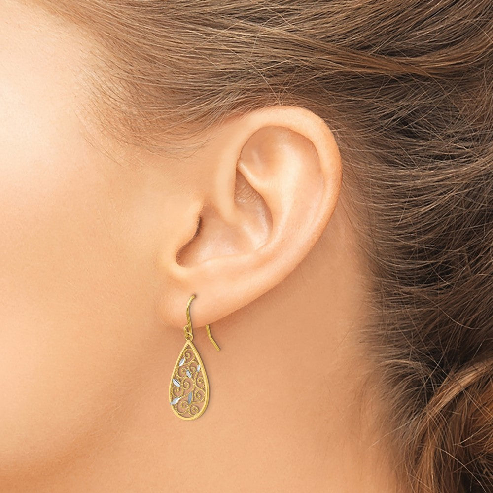 14K Two-Tone Gold Diamond-cut Filigree Teardrop Wire Earrings