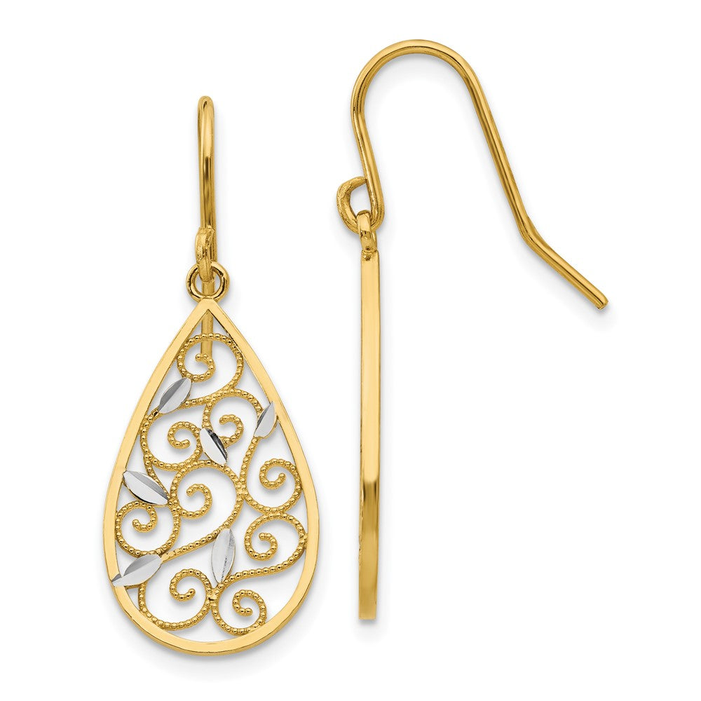 14K Two-Tone Gold Diamond-cut Filigree Teardrop Wire Earrings