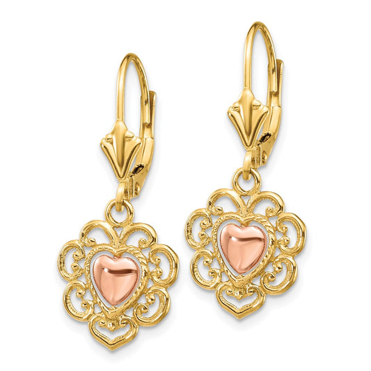 14K Two-Tone Gold Heart with Lace Trim Leverback Earrings