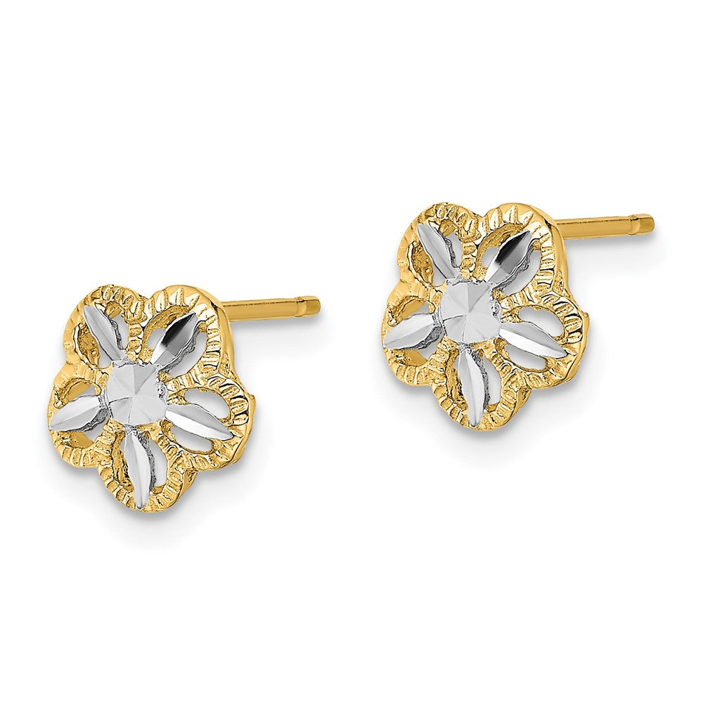 14K Two-Tone Gold Diamond-cut Flower Post Earrings