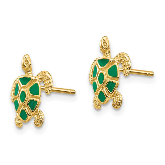 14K Yellow Gold Green Enameled Sea Turtle Post Earrings