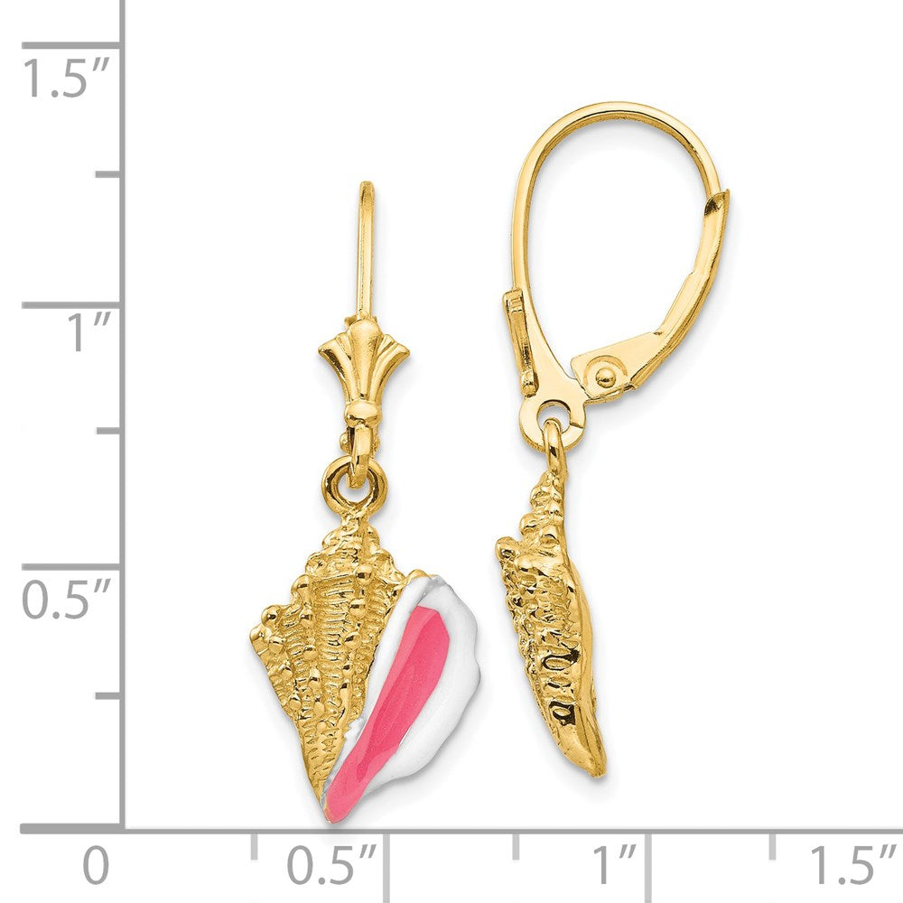 14K Yellow Gold Enameled Conch Shell Leverback Earrings