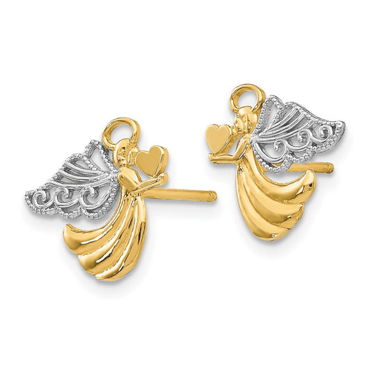 14K Two-Tone Gold Angel With Heart Post Earrings
