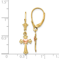 14K Two-Tone Gold Heart on Cross Leverback Earrings