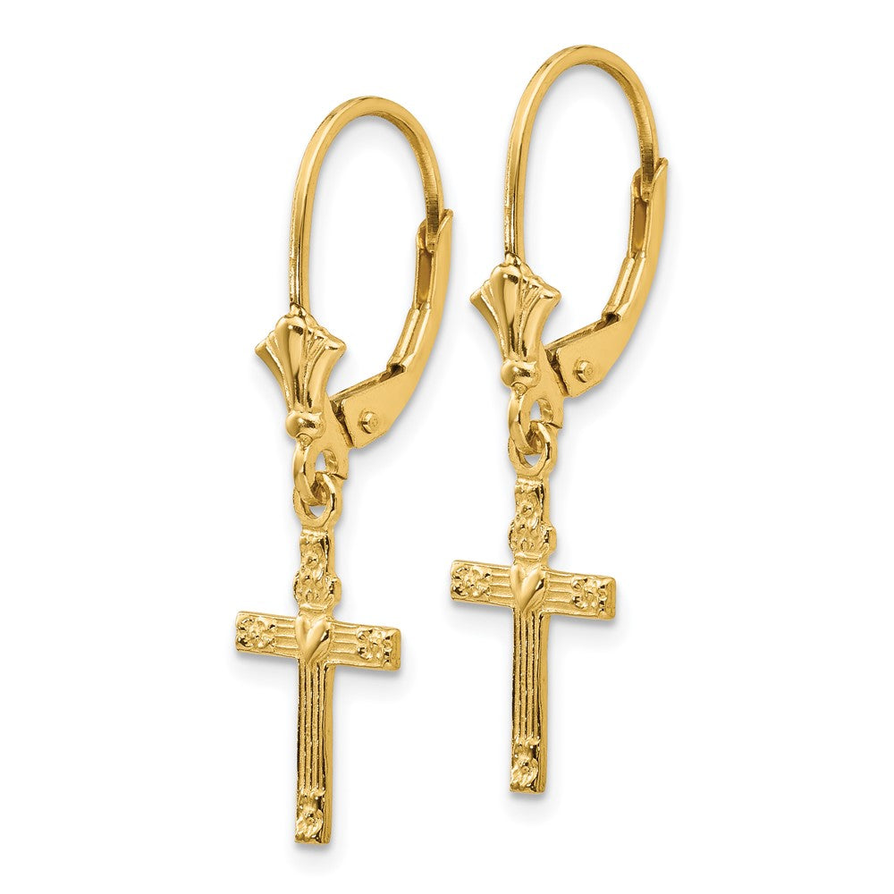 14K Yellow Gold Mini Cross with Heart Leverback Earrings