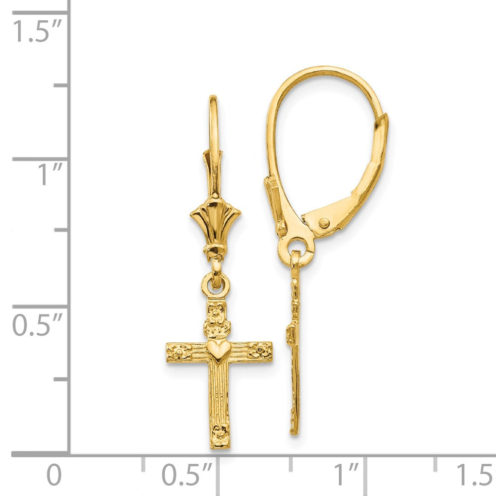 14K Yellow Gold Mini Cross with Heart Leverback Earrings