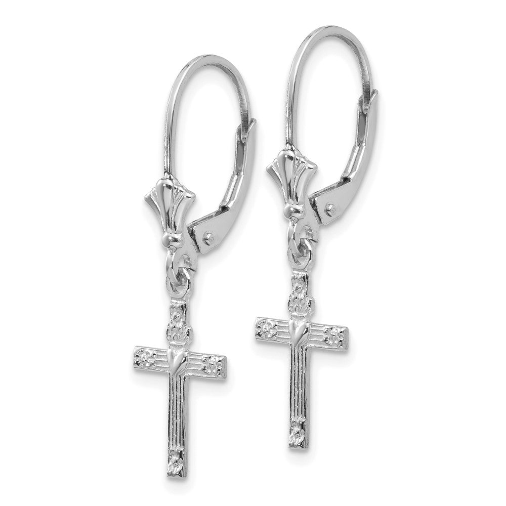 14K White Gold Mini Cross with Heart Leverback Earrings