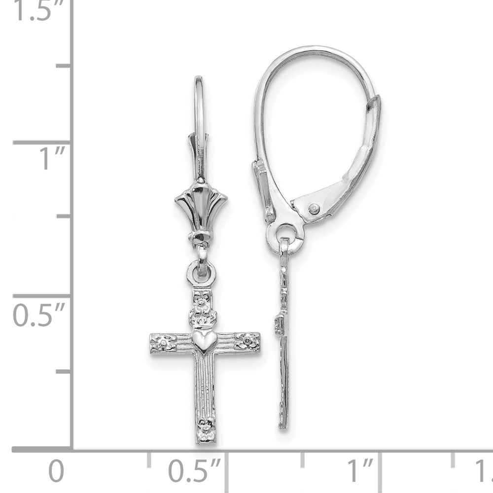 14K White Gold Mini Cross with Heart Leverback Earrings