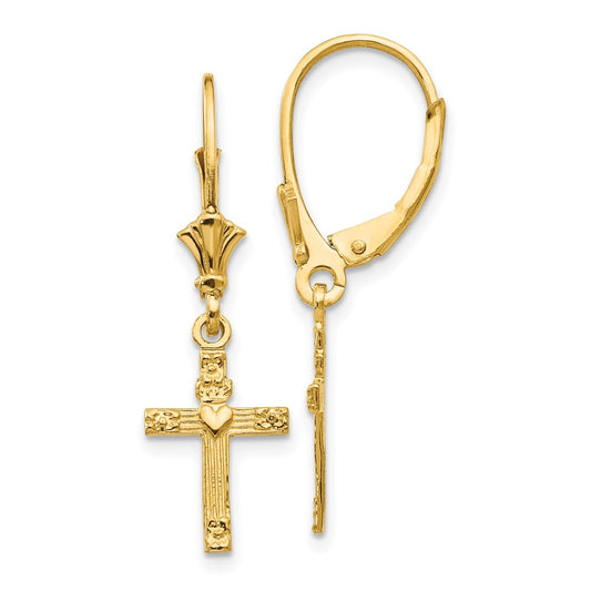 14K Yellow Gold Mini Cross with Heart Leverback Earrings