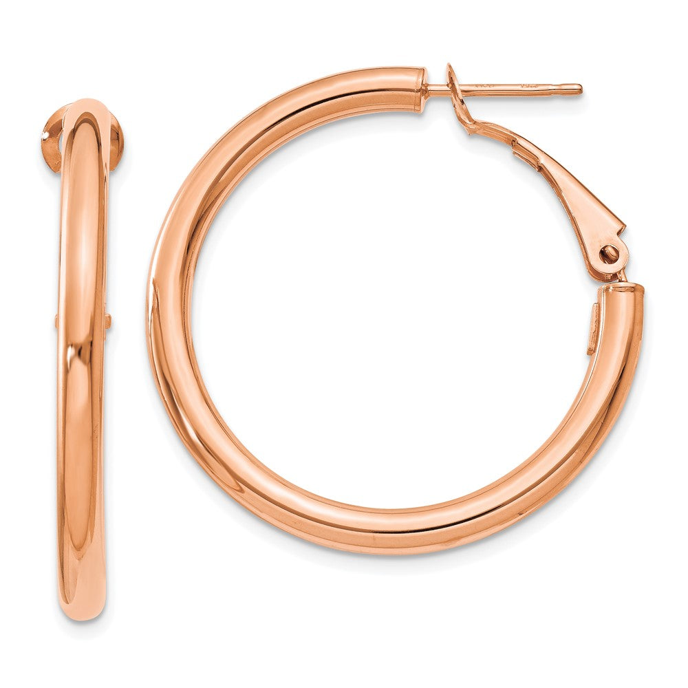 14K Rose Gold 3x25mm Polished Round Omega Back Hoop Earrings