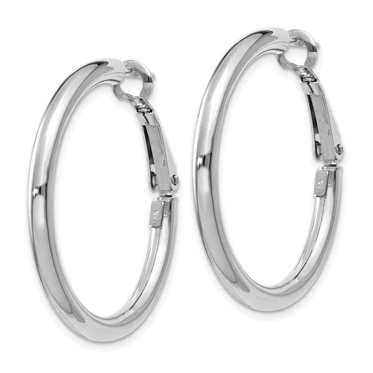 14K White Gold 3x25mm Polished Round Omega Back Hoop Earrings