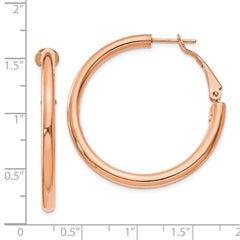 14K Rose Gold 3x30mm Polished Round Omega Back Hoop Earrings