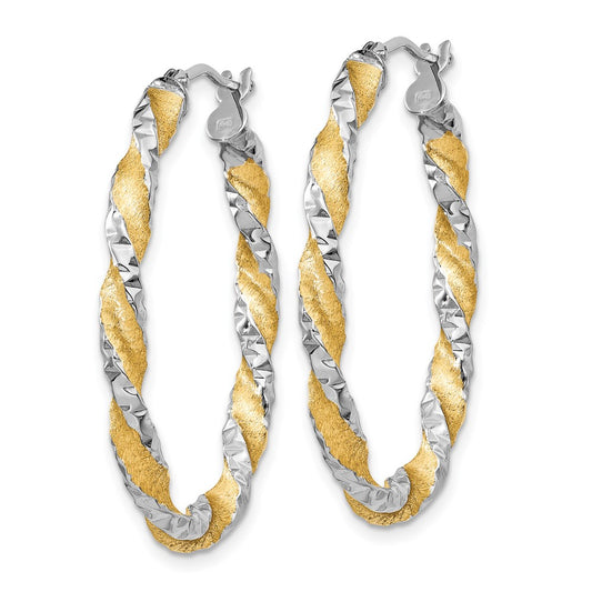 14K Yellow Gold White Gold & Yellow Rhodium Twisted Diamond-cut Oval Hoop Earrings