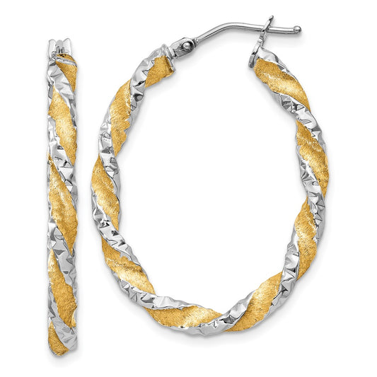 14K Yellow Gold White Gold & Yellow Rhodium Twisted Diamond-cut Oval Hoop Earrings