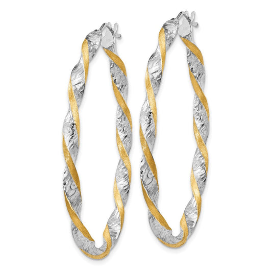 14K Two-Tone Gold Twisted Diamond-cut Oval Hoop Earrings