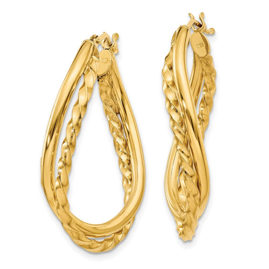 14K Yellow Gold Textured and Polished Twist Oval Hoop Earrings