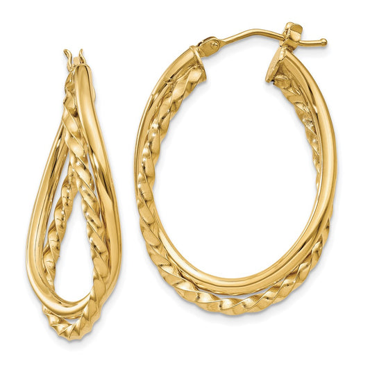 14K Yellow Gold Textured and Polished Twist Oval Hoop Earrings