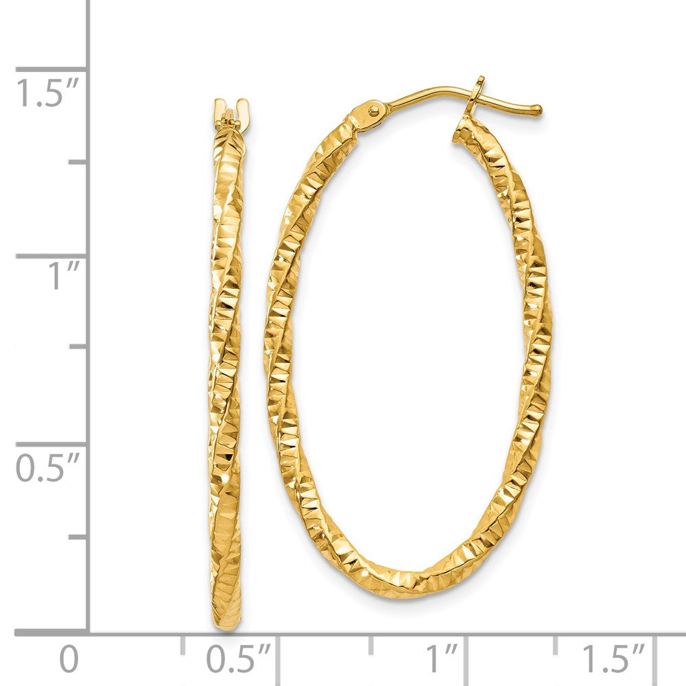 14K Yellow Gold 2mm Diamond-cut Oval Hoop Earrings