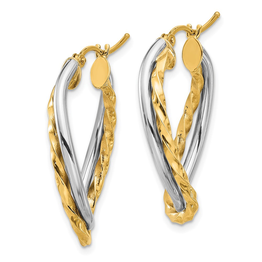 14K Two-Tone Gold Textured and Polished Twist Oval Hoop Earrings