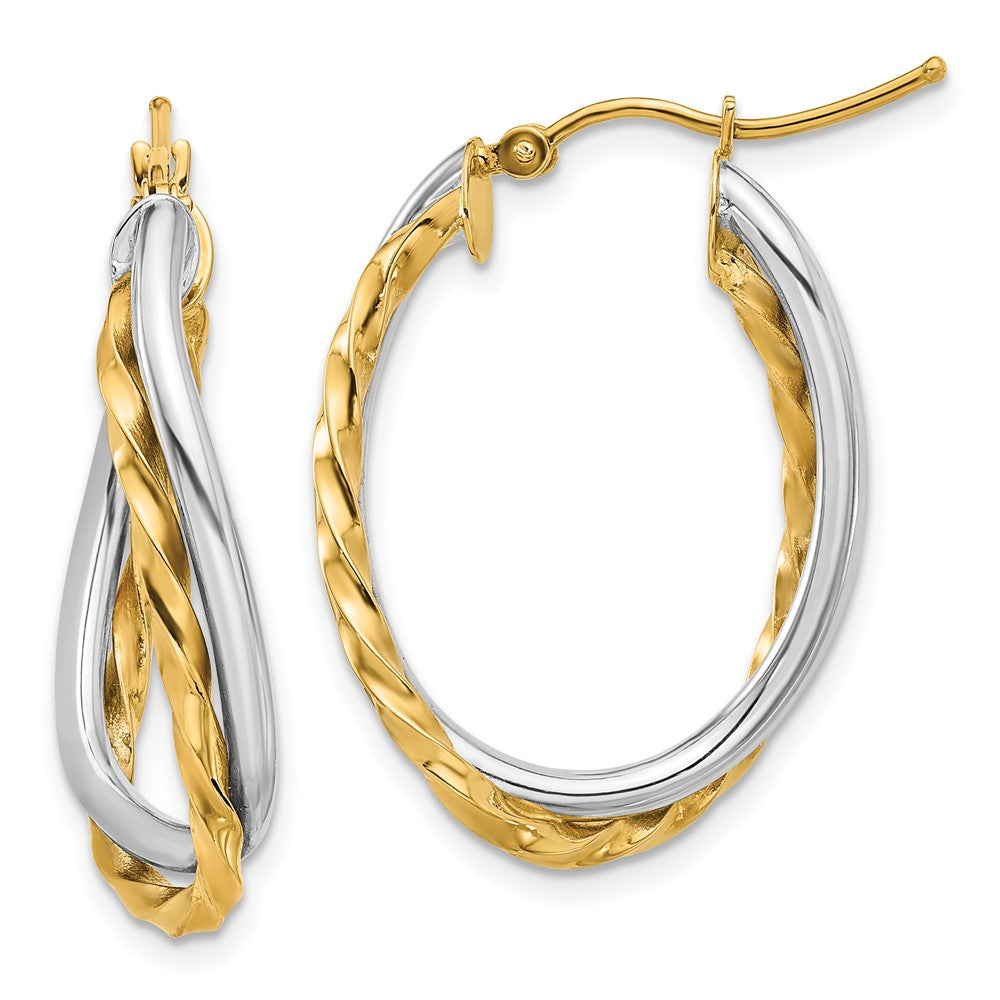 14K Two-Tone Gold Textured and Polished Twist Oval Hoop Earrings