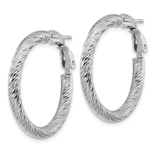 14K White Gold 3x20mm Diamond-cut Round Omega Back Hoop Earrings