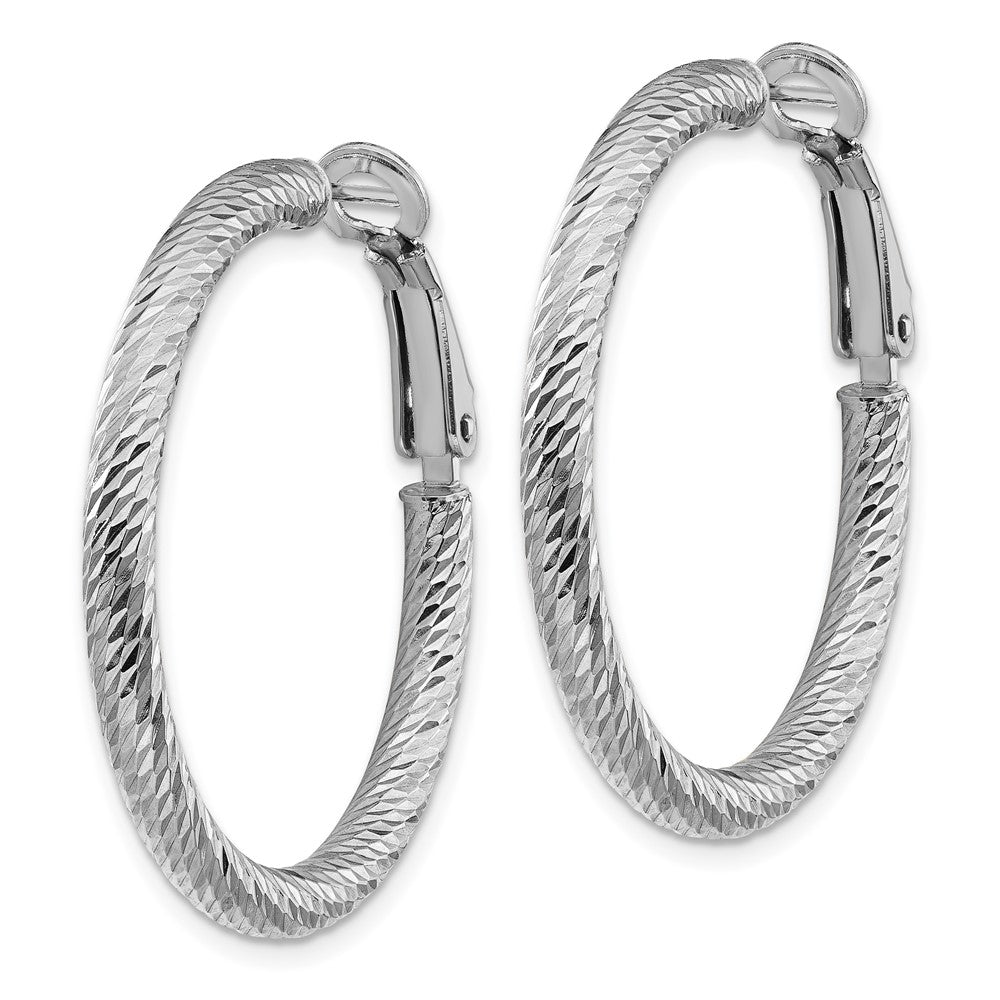 14K White Gold 3x25mm Diamond-cut Round Omega Back Hoop Earrings