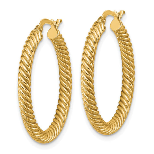 14K Yellow Gold 3x20mm Twisted Round Hoop Earrings