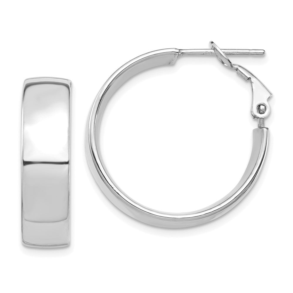 14K White Gold High Polished 7mm Omega Back Hoop Earrings