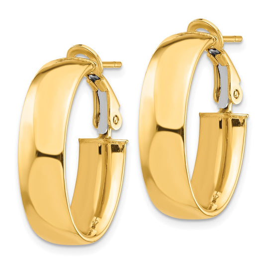 14K Yellow Gold High Polished 7mm Omega Back Oval Hoop Earrings