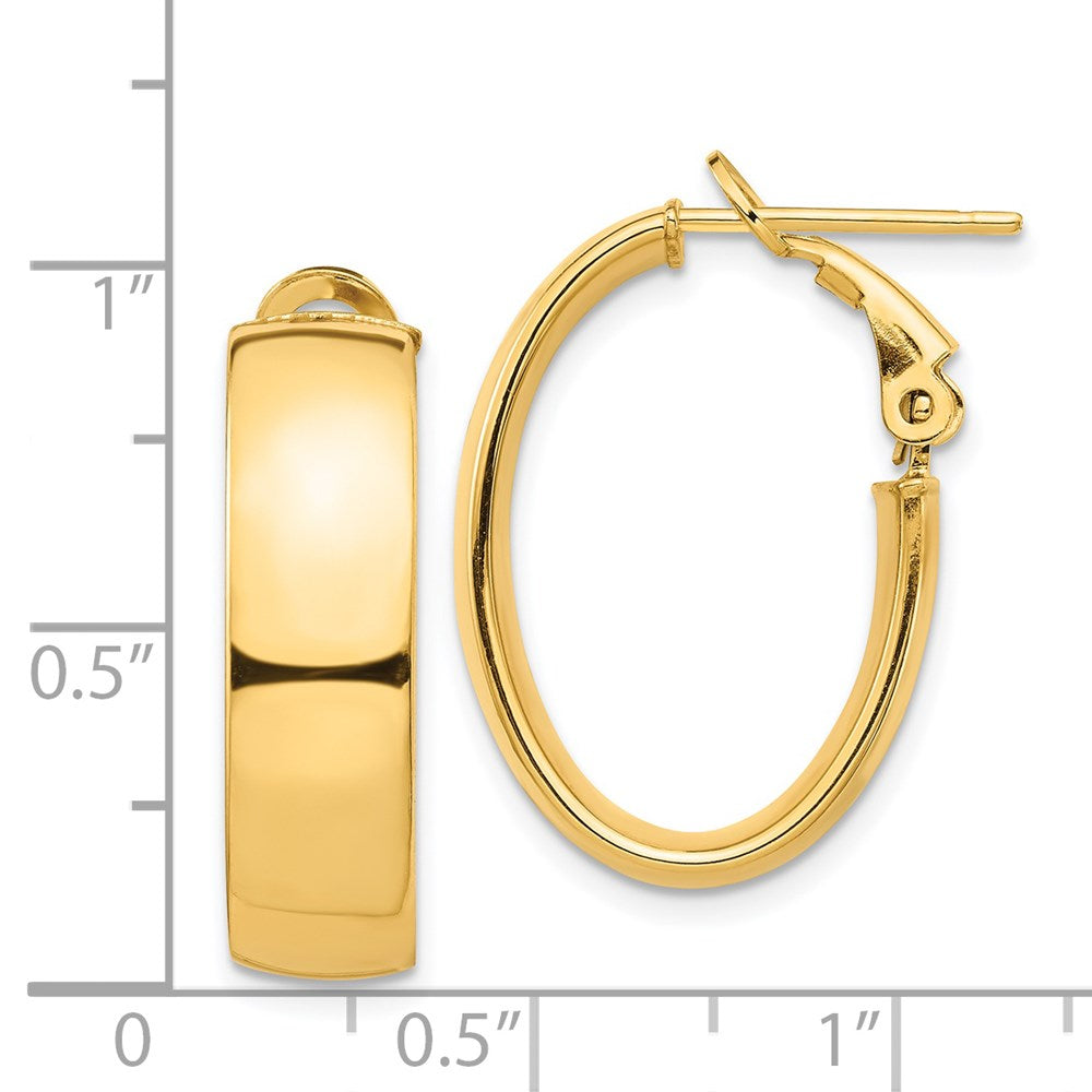 14K Yellow Gold High Polished 7mm Omega Back Oval Hoop Earrings