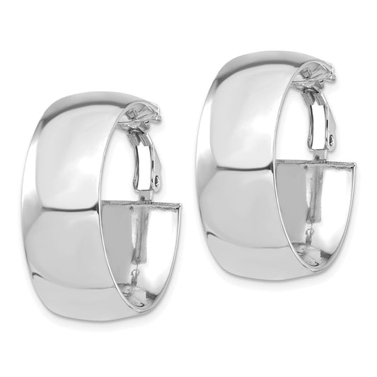 14K White Gold High Polished 10mm Omega Back Hoop Earrings