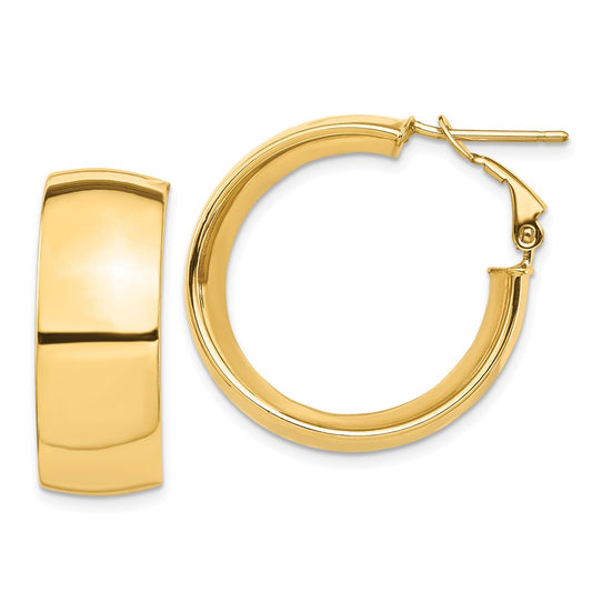 14K Yellow Gold High Polished 10mm Omega Back Hoop Earrings