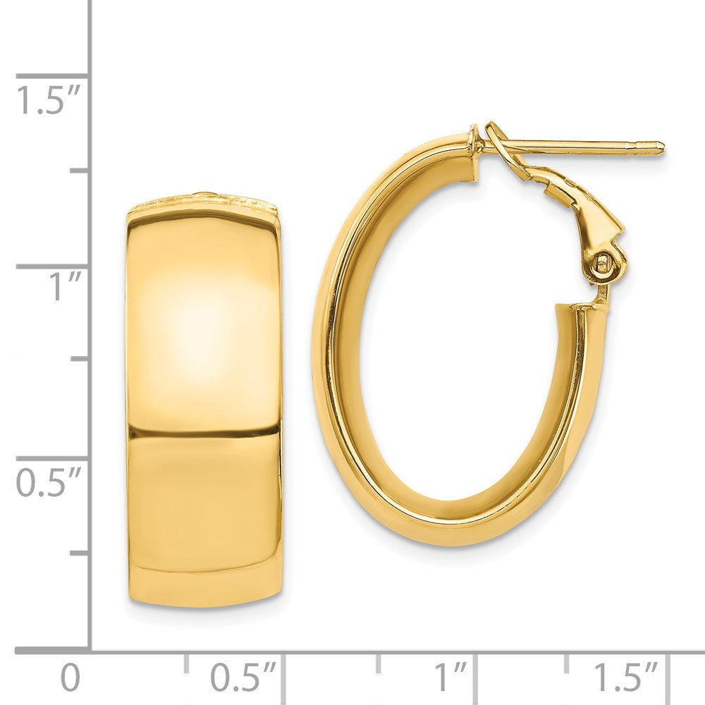 14K Yellow Gold High Polished 10mm Omega Back Oval Hoop Earrings