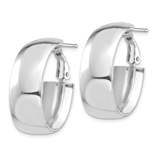 14K White Gold High Polished 10mm Omega Back Oval Hoop Earrings