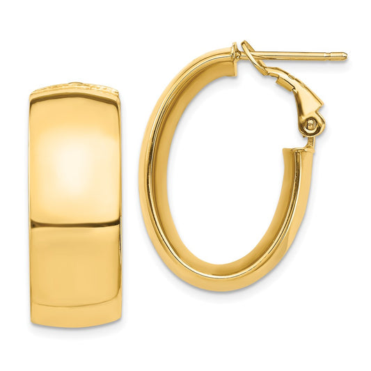 14K Yellow Gold High Polished 10mm Omega Back Oval Hoop Earrings