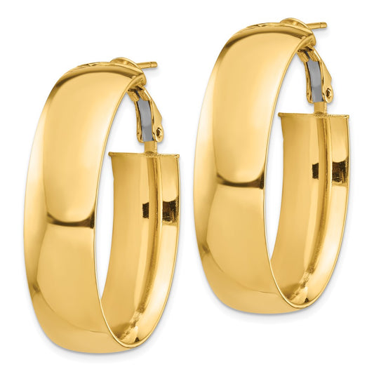 14K Yellow Gold High Polished 10mm Omega Back Oval Hoop Earrings