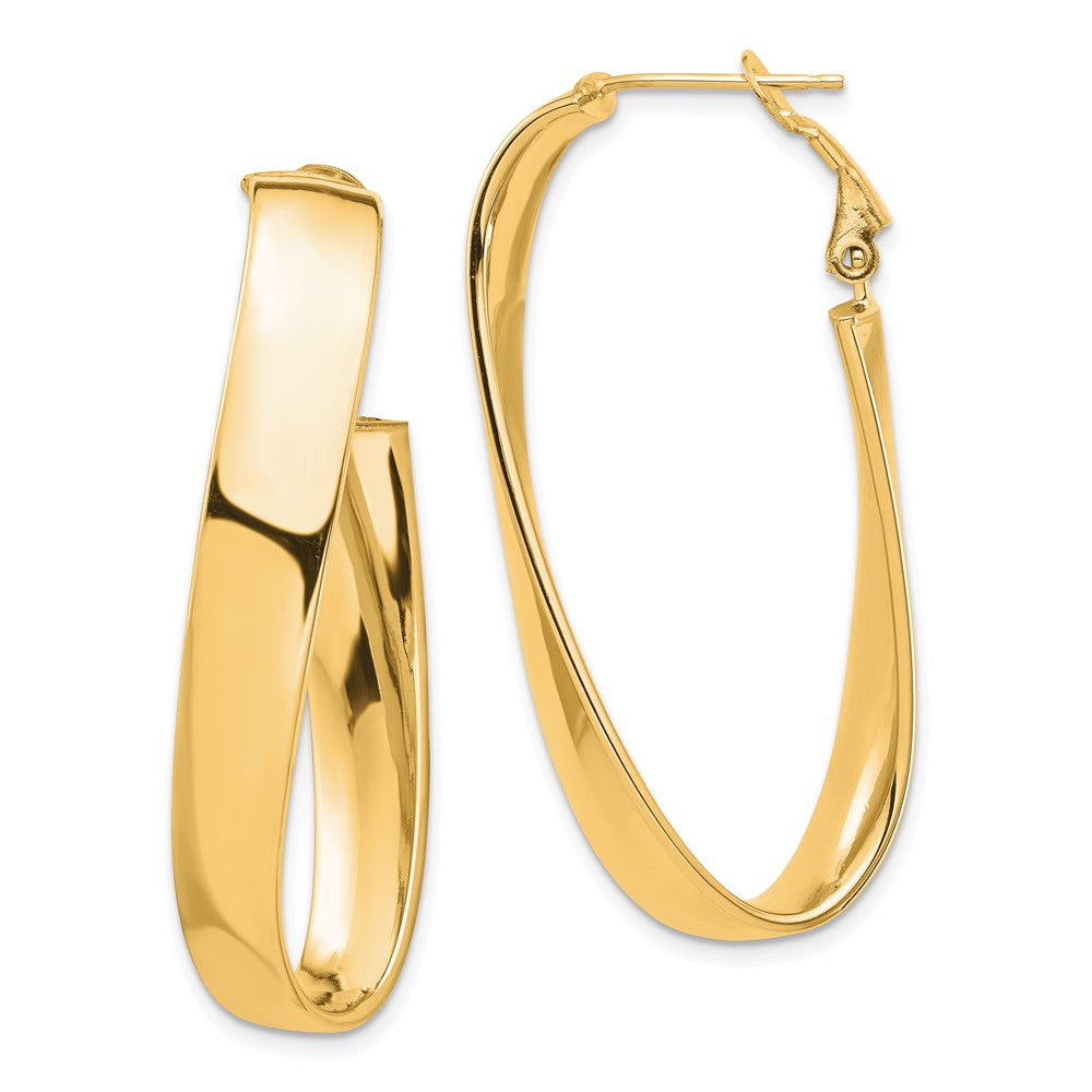 14K Yellow Gold High Polished 7mm Twisted Omega Back Oval Hoop Earrings