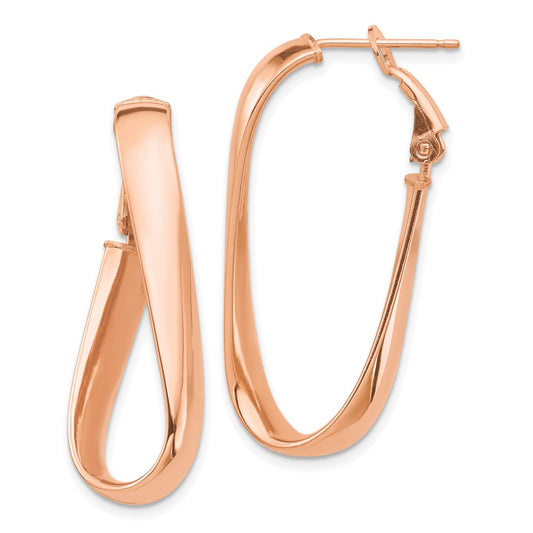 14K Rose Gold High Polished 5mm Wavy Oval Omega Back Hoop Earrings