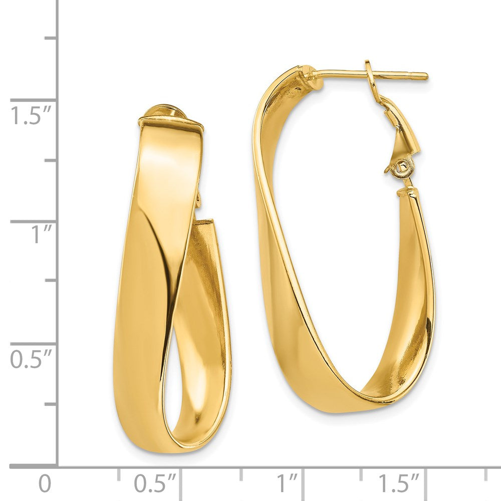 14K Yellow Gold High Polished 7mm Wavy Oval Omega Back Hoop Earrings