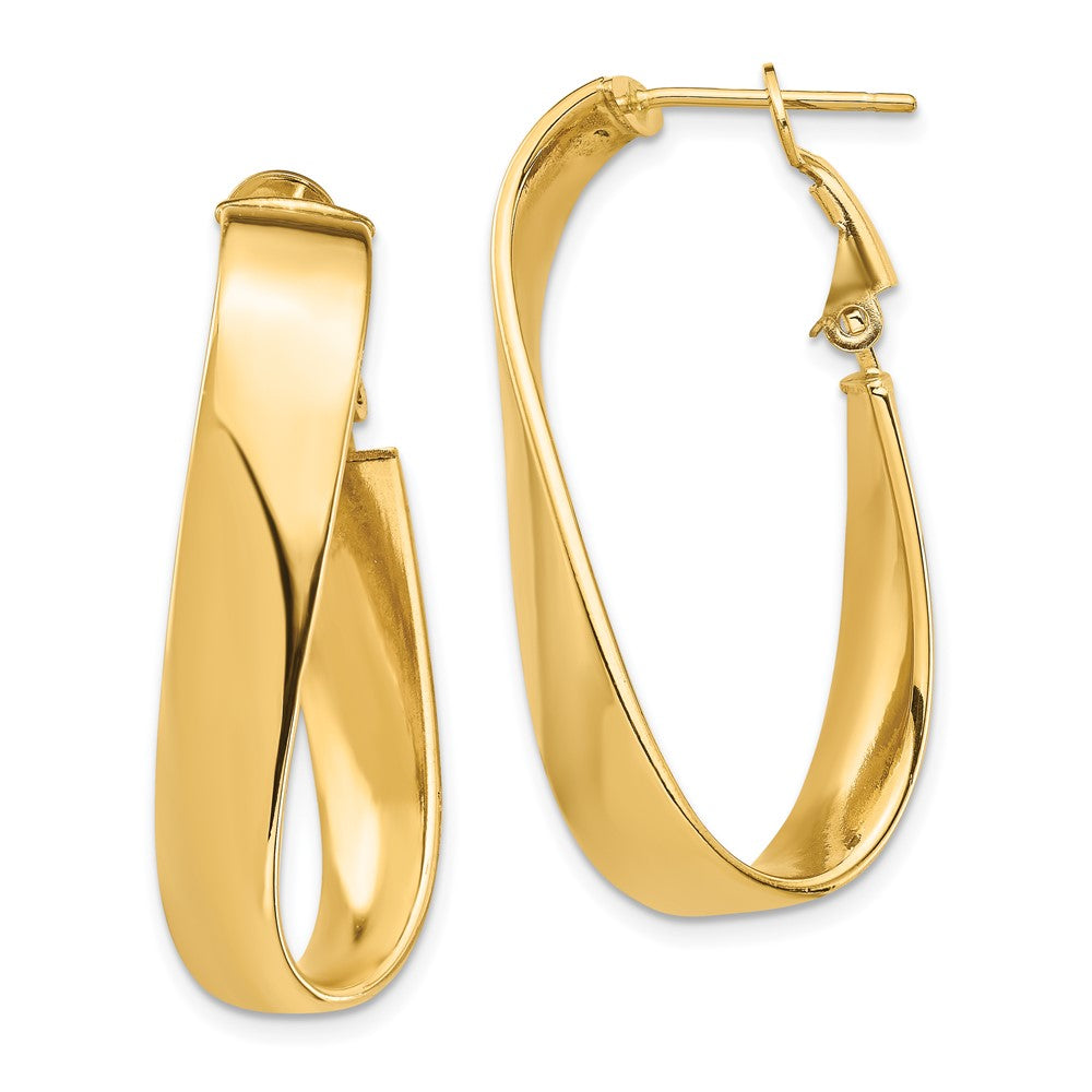 14K Yellow Gold High Polished 7mm Wavy Oval Omega Back Hoop Earrings