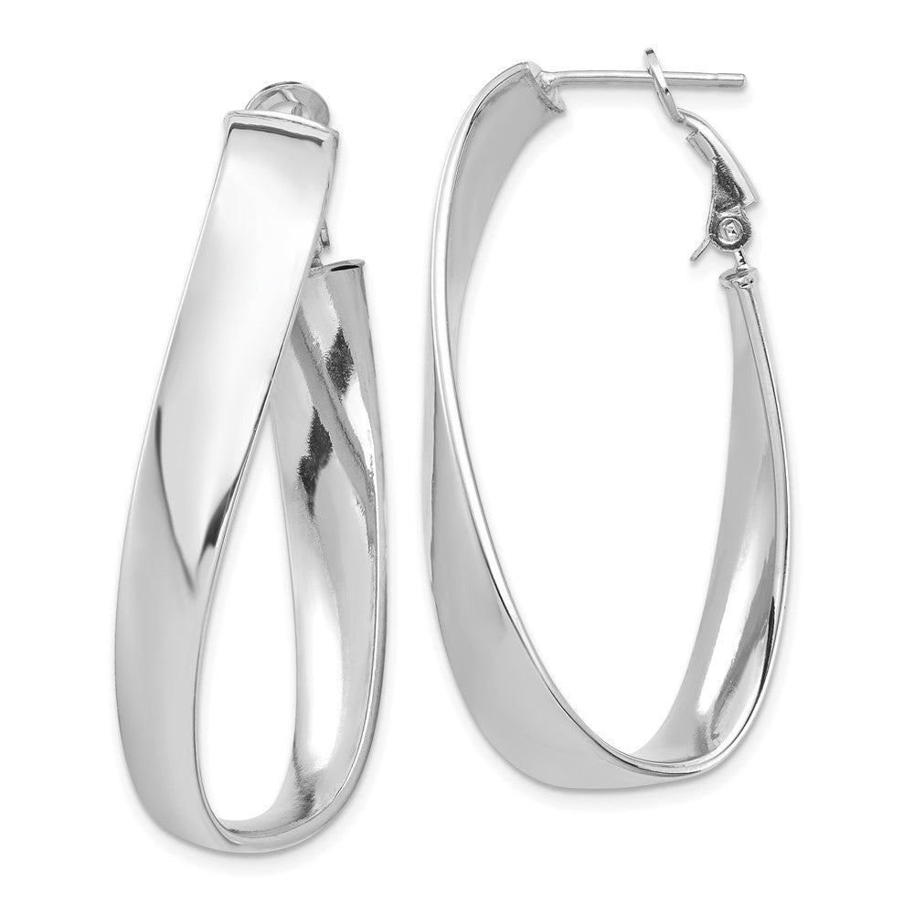 14K White Gold Polished 7mm Twisted Omega Back Oval Hoop Earrings