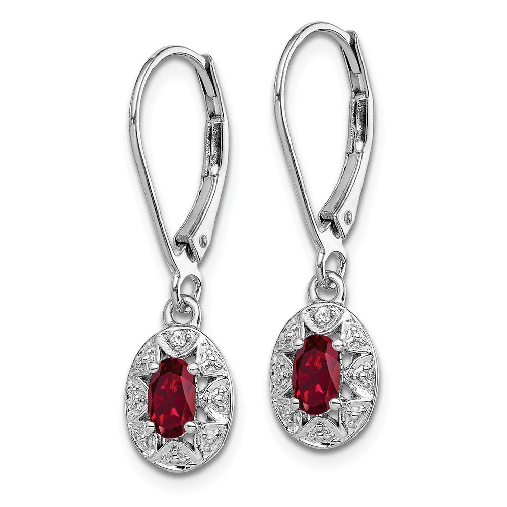 Rhodium-plated Sterling Silver Diamond & Created Ruby Leverback Earrings